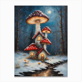 Cottagecore Magical Fairies Toadstools House in A Winter Forest - Acrylic Paint Mushrooms Fairy Art With Falling Snow at Night Scene on a Full Moon, Perfect for Witchcore Cottage Core Pagan Tarot Celestial Zodiac Gallery Feature Wall Christmas Yule Beautiful Woodland Creatures Series Fairycore HD Canvas Print