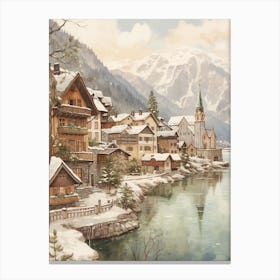 Vintage Winter Illustration Hallstatt Austria 4 Canvas Print