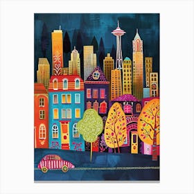 Kitsch Colourful Seattle Inspired Cityscape 3 Canvas Print