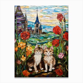 Cats With Flowers & Church In Background Stained Glass Canvas Print