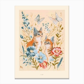 Folksy Floral Animal Drawing Cat 3 Poster Canvas Print