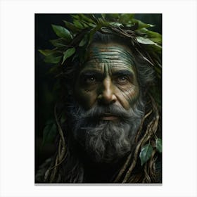 Weathered Man Face Adorned With Colored Leaves Brow Furrowed In Contemplation Eyes Of Deep Green Canvas Print