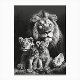 Barbary Lion Charcoal Drawing Family Bonding 4 Canvas Print