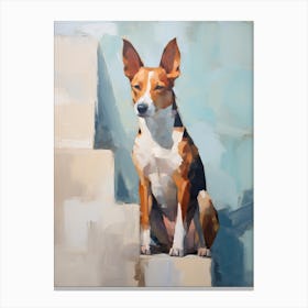 Basenji Dog, Painting In Light Teal And Brown 2 Canvas Print