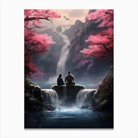 Waterfall With Cherry Blossoms Canvas Print