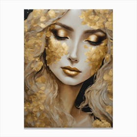 In the Style of Gustav Klimt - Beautiful Blonde Woman in Gold Leaf Wearing Back Showing Dress and Flowers, Similar to The Kiss, Tears, Portrait of Adele Bloch, Judith, Fräulein Lieser and Famous Replica Artworks - Perfect For Aesthetic Luxury Gallery Wall or Feature HD Canvas Print