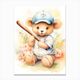Baseball Teddy Bear Painting Watercolour 3 Canvas Print