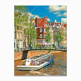 Amsterdam, Tour Boat On Canal Canvas Print