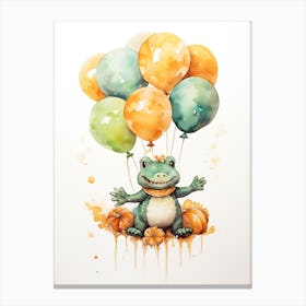 Alligator Flying With Autumn Fall Pumpkins And Balloons Watercolour Nursery 4 Canvas Print
