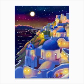 Greece, Santorini By Night Travel Art Print Canvas Print