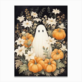 Cute Bedsheet Ghost, Botanical Halloween Watercolour 64 Canvas Print
