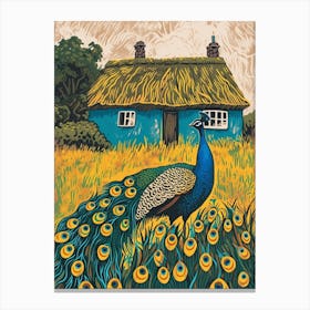 Blue Mustard Peacock By A Cottage Linocut Inspired 1 Canvas Print