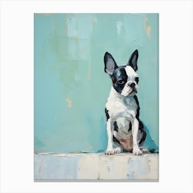 Boston Terrier Dog, Painting In Light Teal And Brown 1 Canvas Print