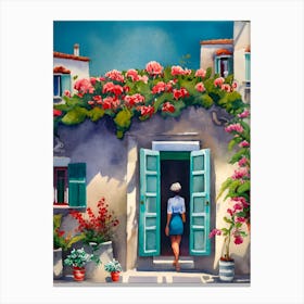 Woman in a Greek House Watercolor Painting Canvas Print