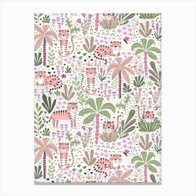 Happy Pink Tigers in the Palm Tree Jungle on White Canvas Print