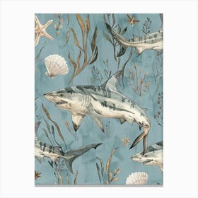 Pastel Blue Mako Shark Watercolour Seascape Pattern 2 Canvas Print