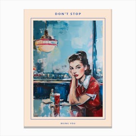 American Diner Retro Woman Portrait Red & Blue Poster Canvas Print