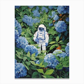 Astronaut Surrounded By Royal Blue Hydrangea Flower 3 Canvas Print
