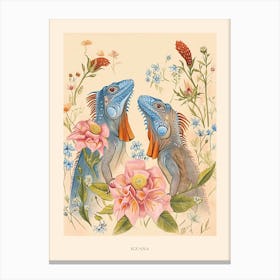 Folksy Floral Animal Drawing Iguana Poster Canvas Print