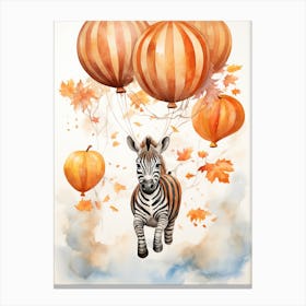 Zebra Flying With Autumn Fall Pumpkins And Balloons Watercolour Nursery 4 Canvas Print