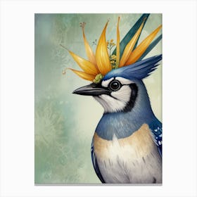 Blue Jay With Flower Crown Canvas Print