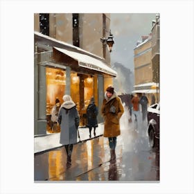 Paris cafes, winter season, Christmas, autumn oil colors, pale colors, pedestrians in the street, winter clothes, falling snow.Christmas decorations.11 Canvas Print