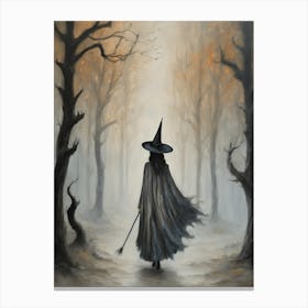 A Grey Witch in The Haunted Forest | Neutral Tones Halloween all Year Witchy Art Prints for a Feature Wall | Dark Aesthetic Mystical Samhain Canvas Print