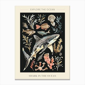 Shark In The Ocean Seascape Black Background Illustration 2 Poster Canvas Print