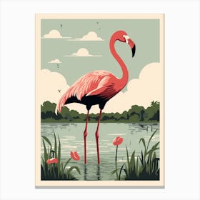 Vintage Bird Linocut Greater Flamingo 4 Canvas Print