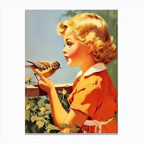 Vintage Retro Kids With Bird Illustration Kitsch 6 Canvas Print