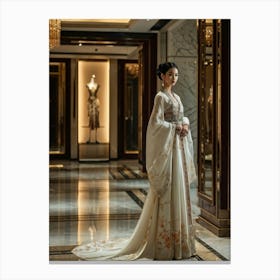 Asian Woman Stands Poised In A Luxurious Fashion Ensemble Contrasting Traditional Elements With Hig (1) Canvas Print