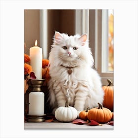 White Cat With Pumpkins Canvas Print
