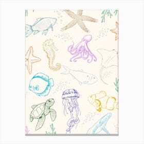 Sea Animals Line Drawing Poster Canvas Print