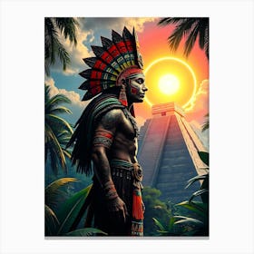 Aztec Warrior By Pyramid And Sun Canvas Print