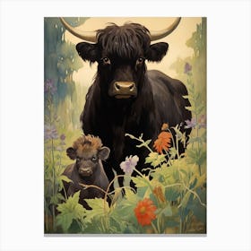 Animated Black Pull & Baby Calf In The Meadow Canvas Print