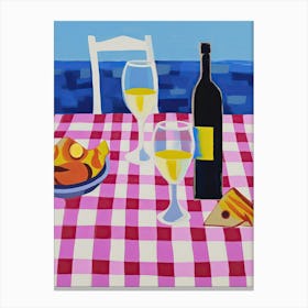 Painting Of A Table With Food And Wine, French Riviera View, Checkered Cloth, Matisse Style 10 Canvas Print