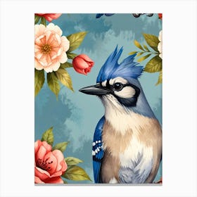 Blue Jay With Flowers Canvas Print