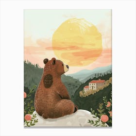 Brown Bear Looking At A Sunset From A Mountaintop Storybook Illustration 4 Canvas Print