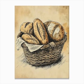 Rustic Bread In A Basket Watercolour Illustration 1 Canvas Print