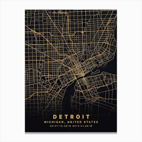 Detroit Michigan USA Black And Gold Map Canvas Print