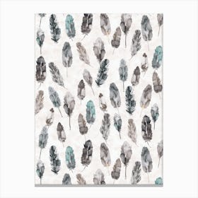 Watercolor Boho Feathers Teal And Grey Canvas Print