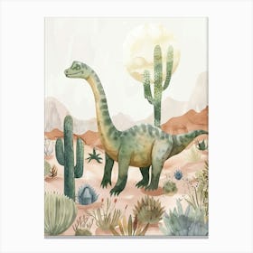 Dinosaur In The Desert With Cactus Storybook Watercolour 4 Canvas Print