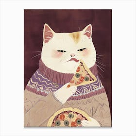 Cute White Cat Pizza Lover Folk Illustration 2 Canvas Print