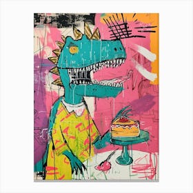 Dinosaur Eating A Cake Pink Blue Graffiti Style Canvas Print
