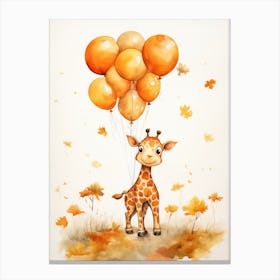 Giraffe Flying With Autumn Fall Pumpkins And Balloons Watercolour Nursery 3 Canvas Print