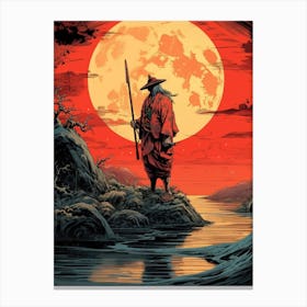 Japanese Samurai Warrior Full Moon Painting Canvas Print