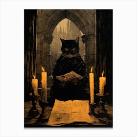 Spooky Cat Reading A Book With Candles Etching  Canvas Print