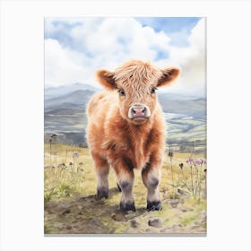 Cute Watercolour Portrait Of Highland Cow Calf 3 Canvas Print