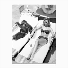 Chimpanzee and Woman Sunbathing, Funny Vintage Black and White Old Photo Canvas Print