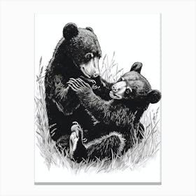 Malayan Sun Bear Playing Together In A Meadow Ink Illustration 4 Canvas Print